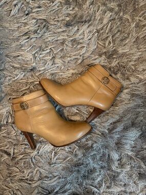 Tory Burch Tan Leather Ankle Booties with Logo Medallion
